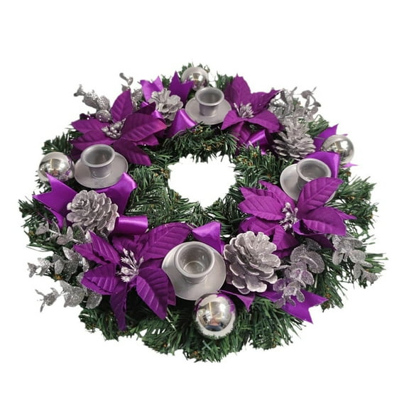 Shoreew 13" Purple Ribbon Christmas Advent Wreath 4 Advent Candles Holder Christmas Centerpiece with Bow Artificial Pine Cones for Winter Holiday Home Church Decor