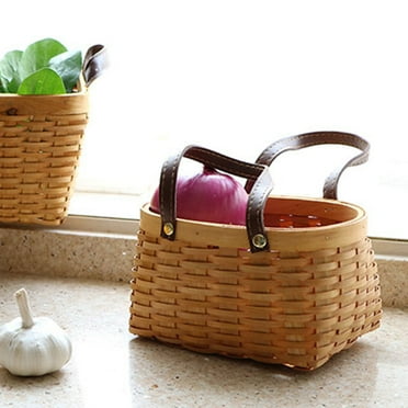 Shoreew 1PC Storage Basket Reinforced Handle Wood Sundries Organizer Wicker Basket for Home