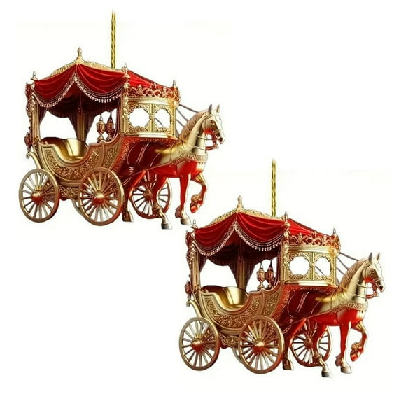 Shoreew 2 Pcs Carriage Christmas Ornament Horse with Sleigh Carriage 2D Acrylic Xmas Tree Ornament for Winter Home Decor
