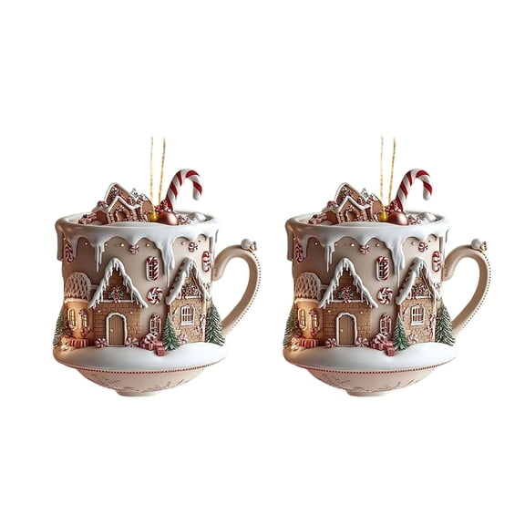 Shoreew 2 Pcs Coffee Cup Christmas Tree Ornaments 2D Acrylic Winter Village Snow House Hot Chocolate Mug Shape Xmas Hanging Pendents for Holiday Decor