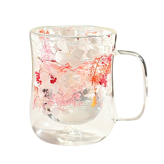 Shoreew 220/300ML Double Walled Glass Cups with Insulated Handle Clear Glass Coffee Mugs Heat Resistant Floral Design Drinking Mug for Tea
