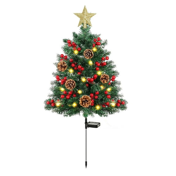 Shoreew 23 Inch Lighted Artificial Christmas Urn Filler Pre-lit Xmas Pine Tree with Cones Red Berries Tripod Stake And LED Light Outdoor Porch Planter Filler for Holiday Decor