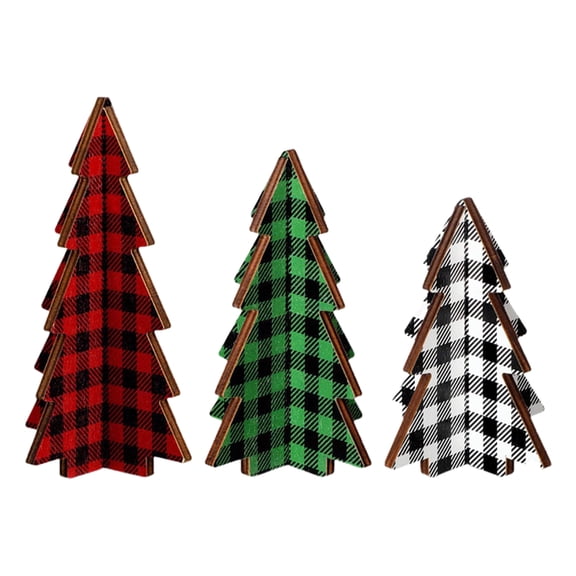 Shoreew 3 Pcs Wooden Christmas Tree Decor Rustic Buffalo Plaid/Dot Christmas Tree Farmhouse Table Centerpiece for Tiered Tray Tabletop Home Decor