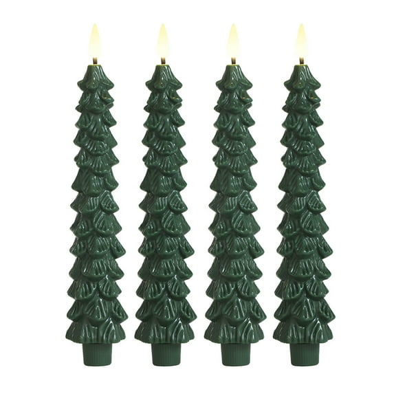 Shoreew 4 Pcs Christmas Tree Flameless Taper Candles Green LED Candlestick with 3D Flickering Flame for Xmas Home Decor