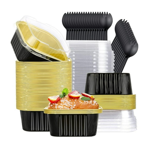 Shoreew 50Pcs Square Mini Cake Pans with Lids Spoons Aluminum Foil Baking Cups Disposable Ramekins Cupcake Cups 5oz Easy-to-Use Dessert Cups for Wedding Birthday Party