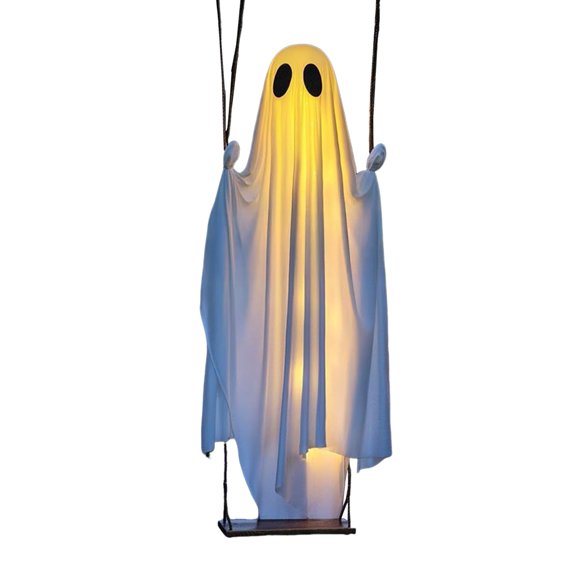 Shoreew 5FT Large Hanging Swing Ghost Halloween Decor LED Lighted Outdoor Swing White Ghost for Porch Yard Garden Tree Decor