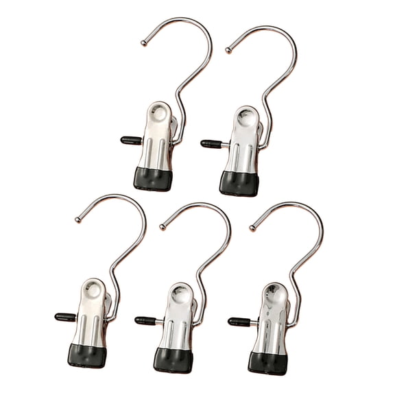 Shoreew 5Pcs Multifunctional Clothes Drying Clip with Hook Stainless Steel Space-saving Rubber-coated Metal Clip Hook