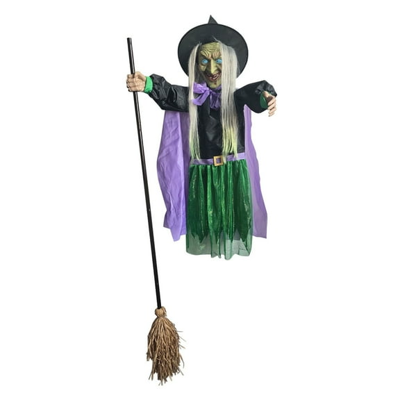 Shoreew 6 FT Halloween Flying Witch Decor Animated Hovering Witch with Scary Sound And Light-up Eyes for Outdoor Garden Yard Lawn Decoration
