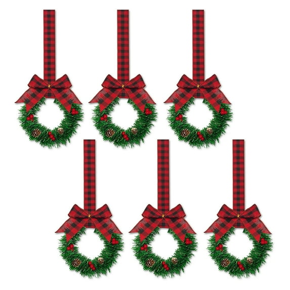 Shoreew 6 Pcs Small Christmas Wreath with Ribbon Artificial Cabinet Wreath with Red Berries Pine Cones for Home Kitchen Window Door Decor
