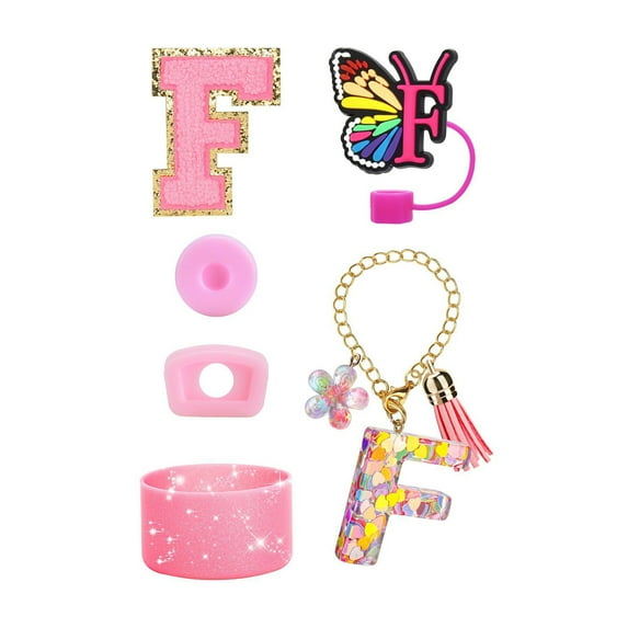 Shoreew 6-Piece Tumbler Accessories Set Letter Stickers Butterfly Straw Cap Cup Sleeve Reusable Easy to Clean Decorative Accessories for Stanley Tumbler