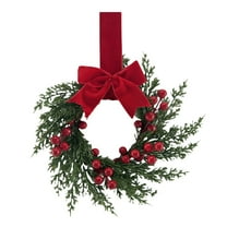 Shoreew Artificial Christmas Wreath for Front Door 10 Inch Winter Greenery Wreath with Red Berries And Velvet Bow for Holiday Farmhouse Indoor Outdoor Porch Wall Fireplace Decor