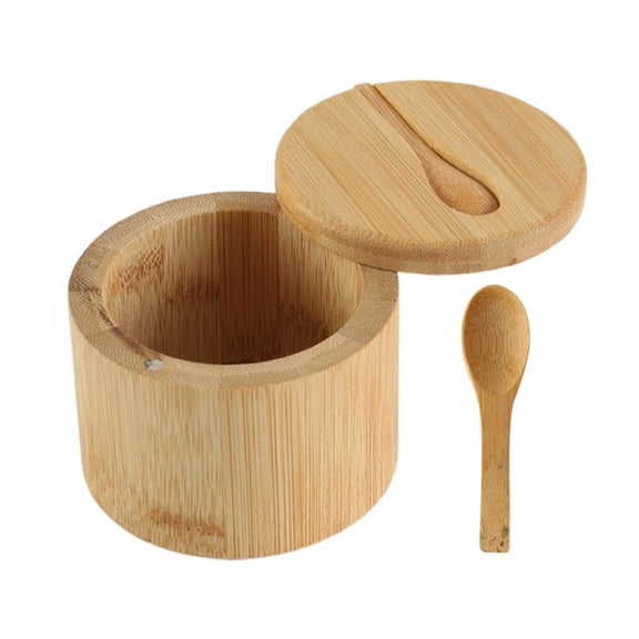 Shoreew Bamboo Salt Cellar with Magnetic Swivel Lid Round Salt Box for Storing Salt Pepper Sugar Herbs Functional Spice Container Storage Tank