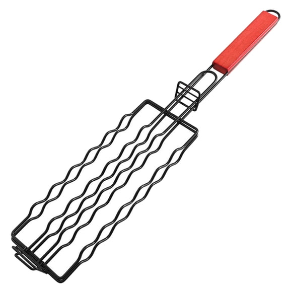 Shoreew Barbecue Cage with Wooden Handle Hollow Design Reusable Outdoor Camping Sausage Meat Vegetable Barbecue Net Rack