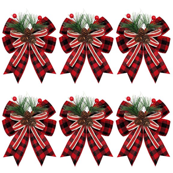 Shoreew Christmas Burlap Plaid Bow with Pine Cones Pine Needles Large Buffalo Plaid Bow Xmas Wreath Checkered Bow for Holiday Crafts Home Party Tree Decor