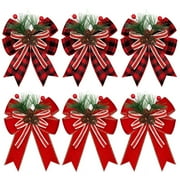 Shoreew Christmas Burlap Plaid Bow with Pine Cones Pine Needles Large Buffalo Plaid Bow Xmas Wreath Checkered Bow for Holiday Crafts Home Party Tree Decor