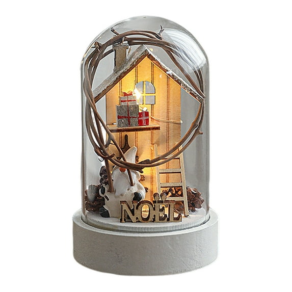 Shoreew Christmas Dome Glass Ornament LED Light Up Reindeer Christmas Tree Little Church in Cloche Tabletop Decoration for Indoor Room Desktop Decor