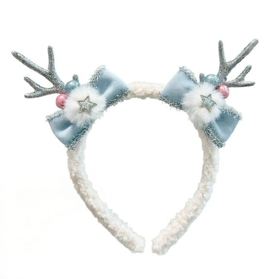Shoreew Christmas Headband for Women Fleece Reindeer Antlers Headband with Bow Pompoms for Xmas Party Supplies Halloween Cosplay Accessory