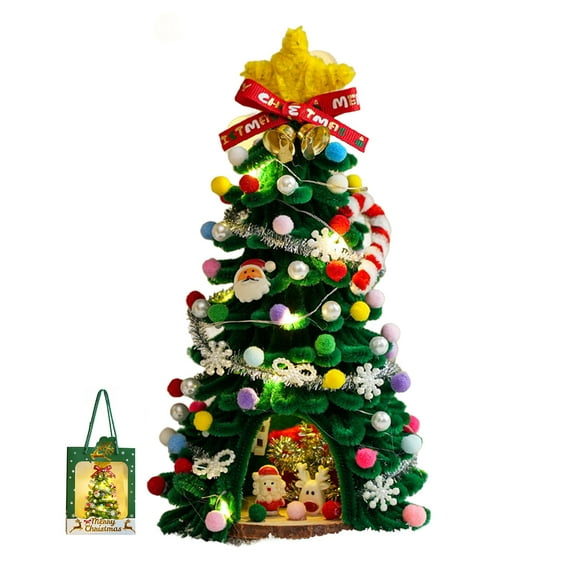 Shoreew DIY Pipe Cleaners Christmas Tree Kit with String Light Twistable Plush Stick Xmas Tree Winter Bendable Fuzzy Stem Craft Kit for Holiday Home Party Decor