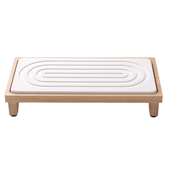 Shoreew Diatomite Bamboo Sink Tray Fast Drying Stone Soap Dish for Bathroom Kitchen Countertop Water Absorbent Non-Slip Sponge Organizer