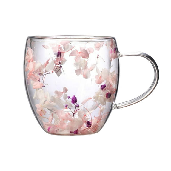 Shoreew Double Wall Glass Floral Mug 250ml/350ml Clear Aesthetic Drink Cup with Insulated Handle Real Flower Decoration Double Layered Heat Preserving Tumbler for Coffee Tea