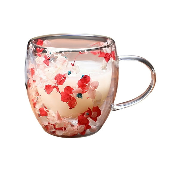Shoreew Double Wall Glass Floral Mug 250ml/350ml Clear Aesthetic Drink Cup with Insulated Handle Real Flower Decoration Double Layered Heat Preserving Tumbler for Coffee Tea