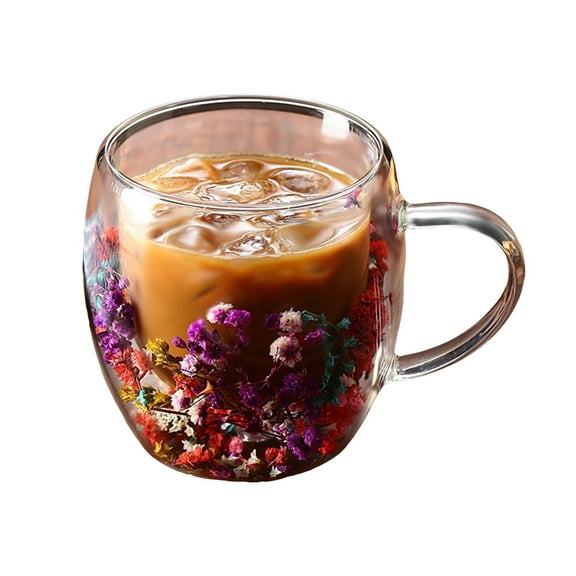 Shoreew Double Wall Glass Floral Mug 250ml/350ml Clear Aesthetic Drink Cup with Insulated Handle Real Flower Decoration Double Layered Heat Preserving Tumbler for Coffee Tea