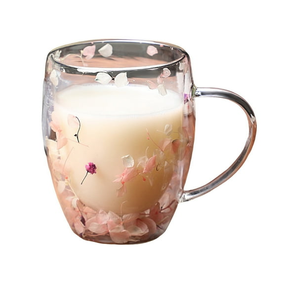 Shoreew Double Wall Glass Floral Mug 250ml/350ml Clear Aesthetic Drink Cup with Insulated Handle Real Flower Decoration Double Layered Heat Preserving Tumbler for Coffee Tea