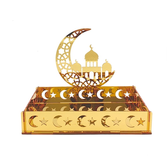 Shoreew Eid Dessert Tray Acrylic Mirror Moon Star Plate Islamic Serving Tray Rectangle Cakes Dates Fruits Cookies Display Tray Kitchen Storage Basket for Home Decor Party Supplies