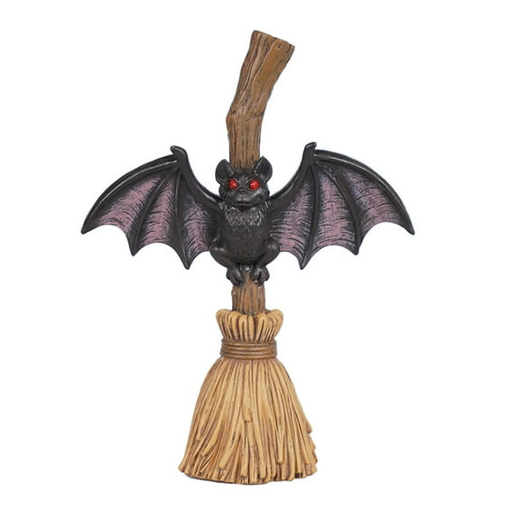 Shoreew Halloween Broom Bat Figurine Resin Bat with Red Eyes Tabletop Decoration for Indoor Outdoor Home Patio Decor