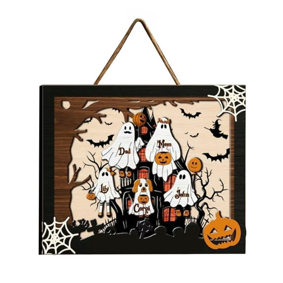 Shoreew Halloween Ghost Family Sign Wooden Ghost Picture Frame Tabletop Decoration for Halloween Farmhouse Shelf Desktop Home Decor