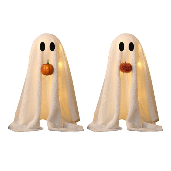 Shoreew Halloween Lighted White Ghost Spooky LED Light-Up Velvet Cloth Ghost with Pumpkin for Holiday Home Kitchen Fireplace Tabletop Decor