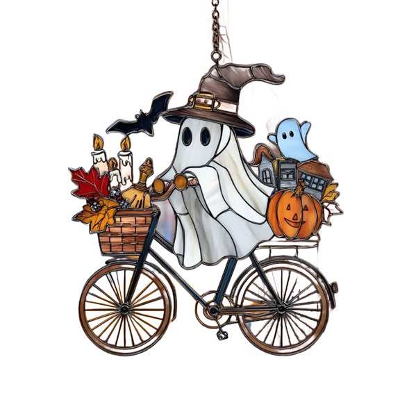 Shoreew Halloween Pendant Witch Ghost Ride Shape Pendant Image Stained Glass Window Hanging Ornament Festivals Halloween Decoration
