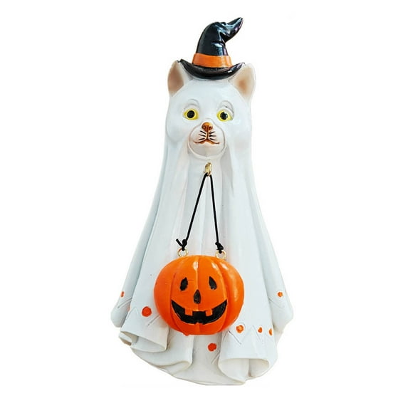 Shoreew Halloween Porch Ghost Figurine Resin Cow Goose Cat Statue with Pumpkin Bucket or Welcome Sign for Indoor Outdoor Yard Lawn Shelf Table Decor