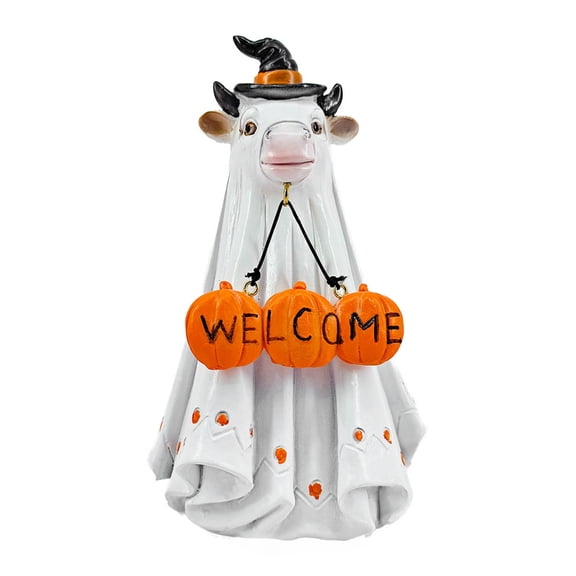 Shoreew Halloween Porch Ghost Figurine Resin Cow Goose Cat Statue with Pumpkin Bucket or Welcome Sign for Indoor Outdoor Yard Lawn Shelf Table Decor