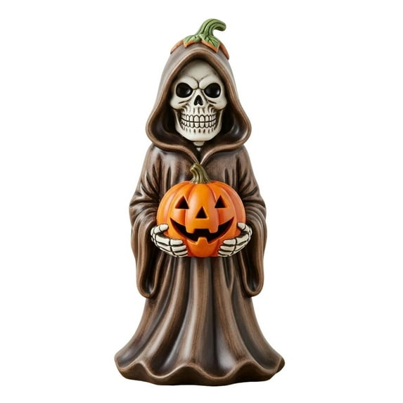 Shoreew Halloween Skull Pumpkin Figurine Resin Skeleton Holding Pumpkin Statue Spooky Tabletop Ornaments for Indoor Home Decor