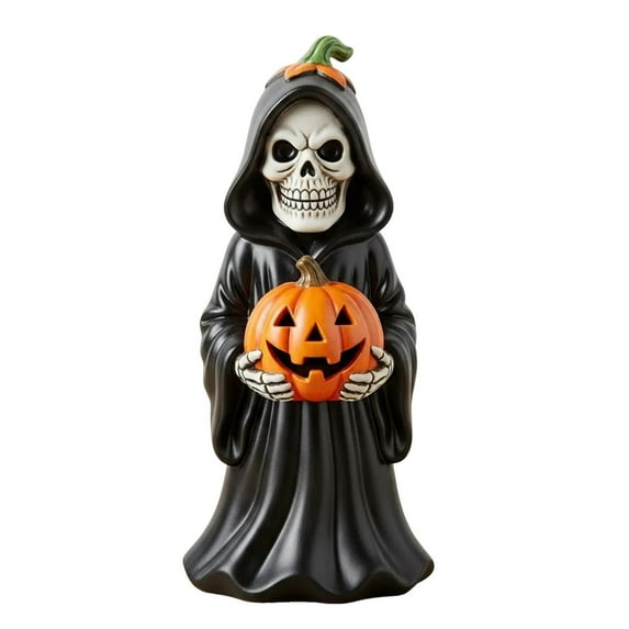 Shoreew Halloween Skull Pumpkin Figurine Resin Skeleton Holding Pumpkin Statue Spooky Tabletop Ornaments for Indoor Home Decor