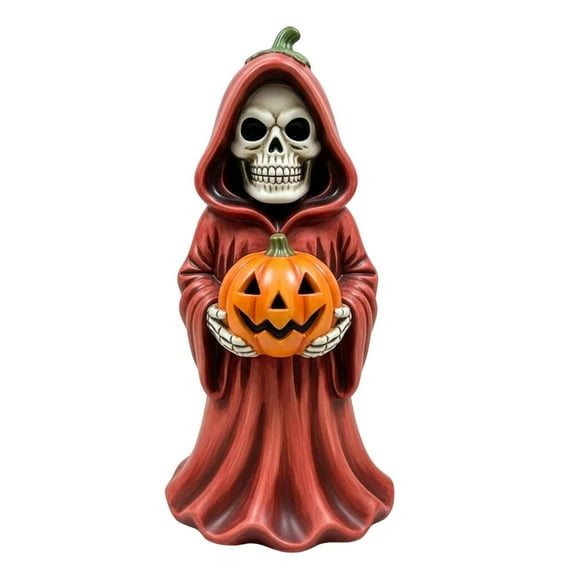 Shoreew Halloween Skull Pumpkin Figurine Resin Skeleton Holding Pumpkin Statue Spooky Tabletop Ornaments for Indoor Home Decor