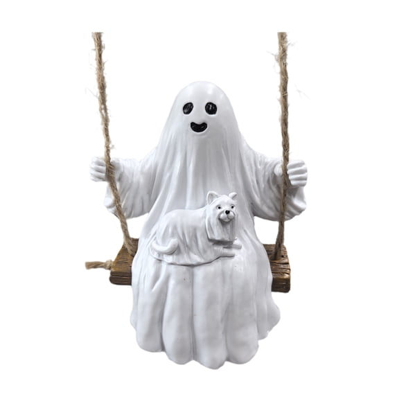 Shoreew Halloween Swing Ghost Statue Resin Ghost Dog Witch on A Swing Figurine Outdoor Tree Hanging Ornament for Garden Patio Lawn Yard Decor