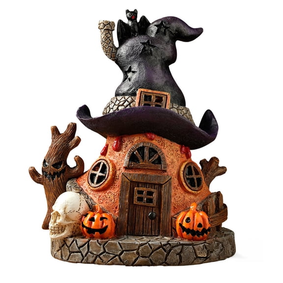 Shoreew Halloween Witch House Statue with LED Light Magical House Resin Figurine Sculpture Home Office Desktop Decoration Ornament