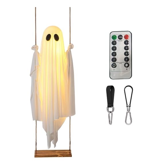 Shoreew Hanging Swinging Ghost Decor Halloween Large Swing Ghost with String Lights Outdoor Spooky Light Up White Ghost for Front Porch Yard Tree Decor