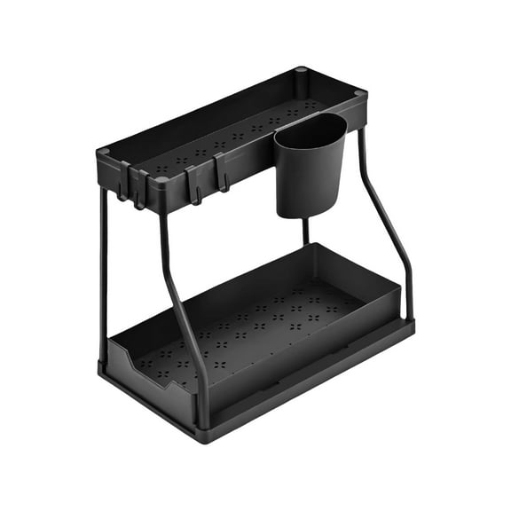 Shoreew Kitchen under Sink Storage Rack with Hooks Double-layer L-shaped Large Capacity Pull-out Organizer Bathroom under Counter Storage Shelf