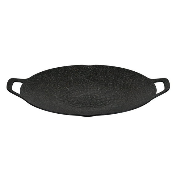 Shoreew Korean BBQ Grill Pan Non-stick Round Baking Pan for Indoor Cooking Barbecue Tray with Handles Cast Iron Frying Pan for Home Camping
