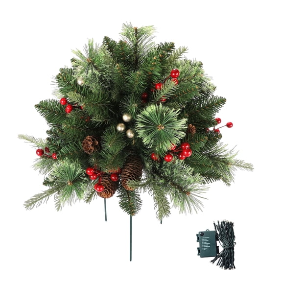 Shoreew Lighted Artificial Christmas Urn Filler Battery Operated Pre-lit Xmas Pine Tree with Tripod Stake And 50 LED Light Outdoor Planter Filler for Holiday Porch Yard Decor