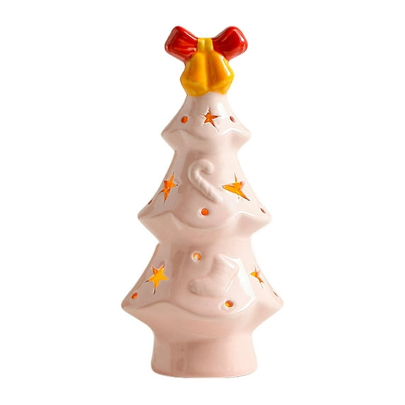 Shoreew Lighted Ceramic Christmas Tree Small Xmas Tree Figurine with Fruit Tree Topper Holiday Tabletop Centerpiece for Home Mantel Shelf Fireplace Decor
