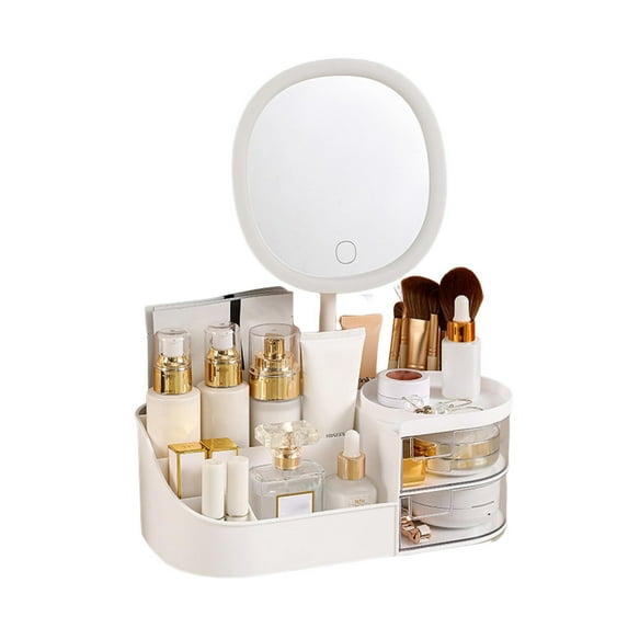 Shoreew Makeup Storage Box Organizer with LED Mirror Large Capacity Multiple Compartments Makeup Brush Storage Box Countertop Organizer