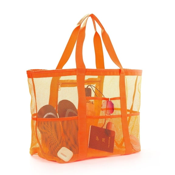 Shoreew Mesh Beach Bag with Zipper Large Capacity Beach Tote Foldable Design Waterproof Sand-proof Pool Bag with Pockets