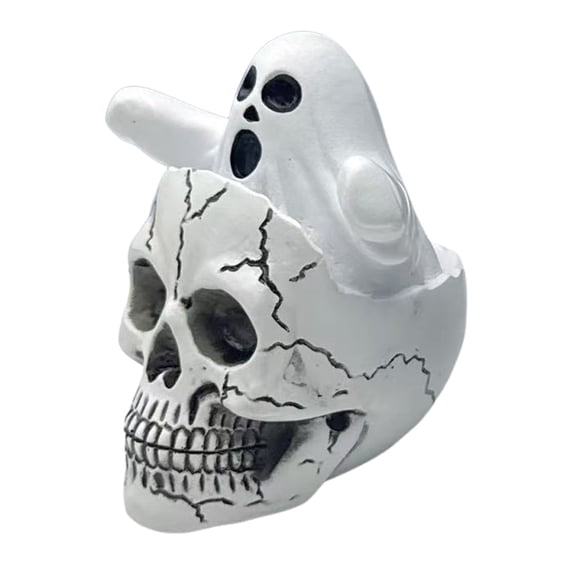Shoreew Mini Skull Head with Ghost Figurine Spooky Skeleton Head Ghost Halloween Decor for Gothic Porch Indoor Office Desk Tabletop Mantel Decoration
