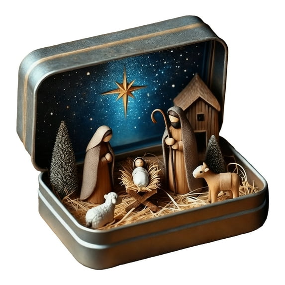 Shoreew Miniature Christmas Nativity Set in A Tin Box Handcrafted Pocket Nativity Scene Gift Small Religiou Holy Family Ornament for Desk Shelf Office Travel Decor