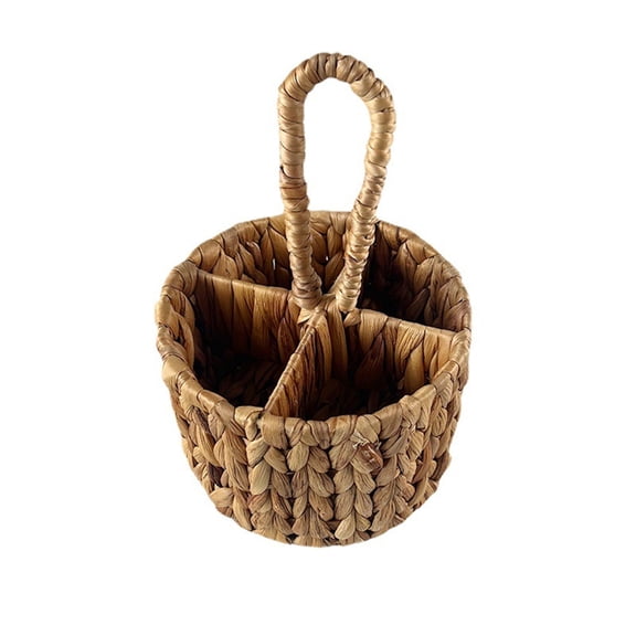 Shoreew Portable Flower Basket Pastoral Style Weed Braided Makeup Brush Organizer Four Compartments Basket Flatware Organizer Kitchen Utensil Holder