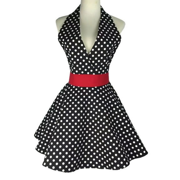 Shoreew Retro Cute Apron for Women V-Necked Polka Dot Sexy Adjustable Cotton Kitchen Apron with Ties for Home Work Use